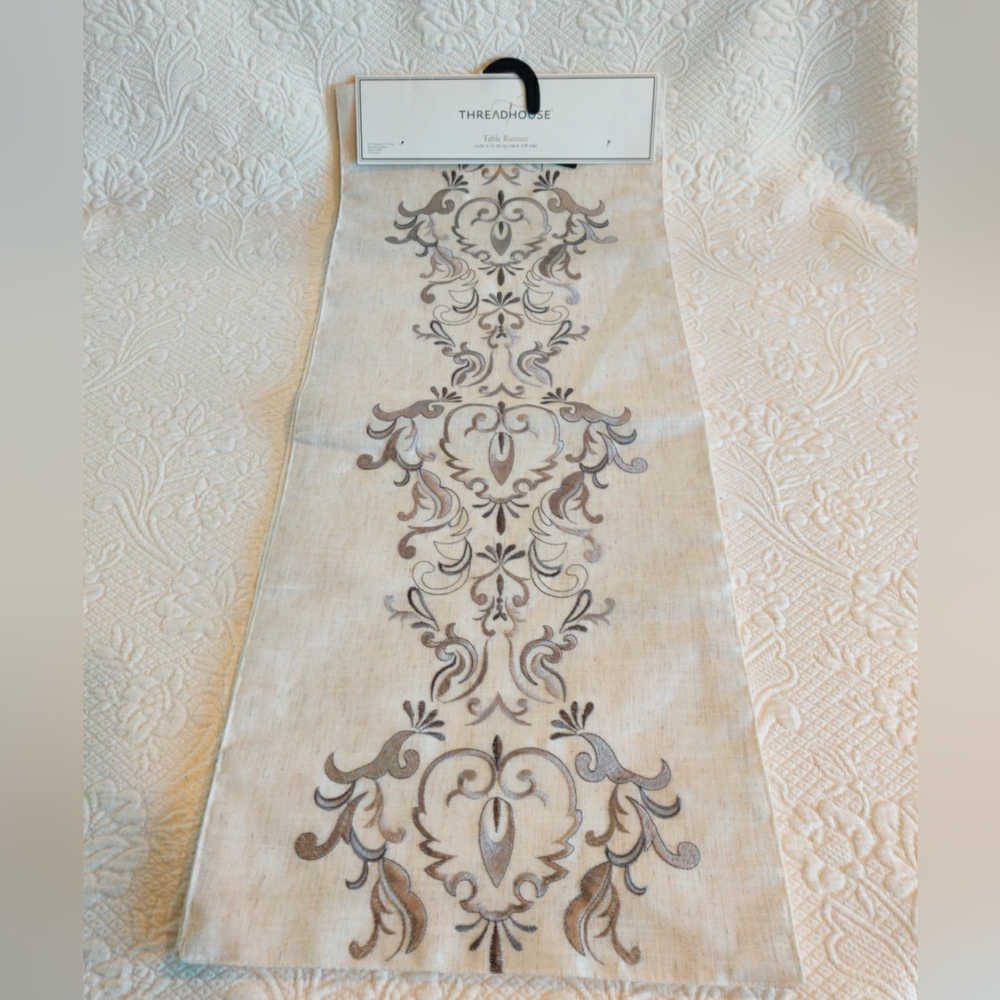 Threadhouse Gray Embroidered Dinner Party Polyester Linen Table Runner 13X70 New